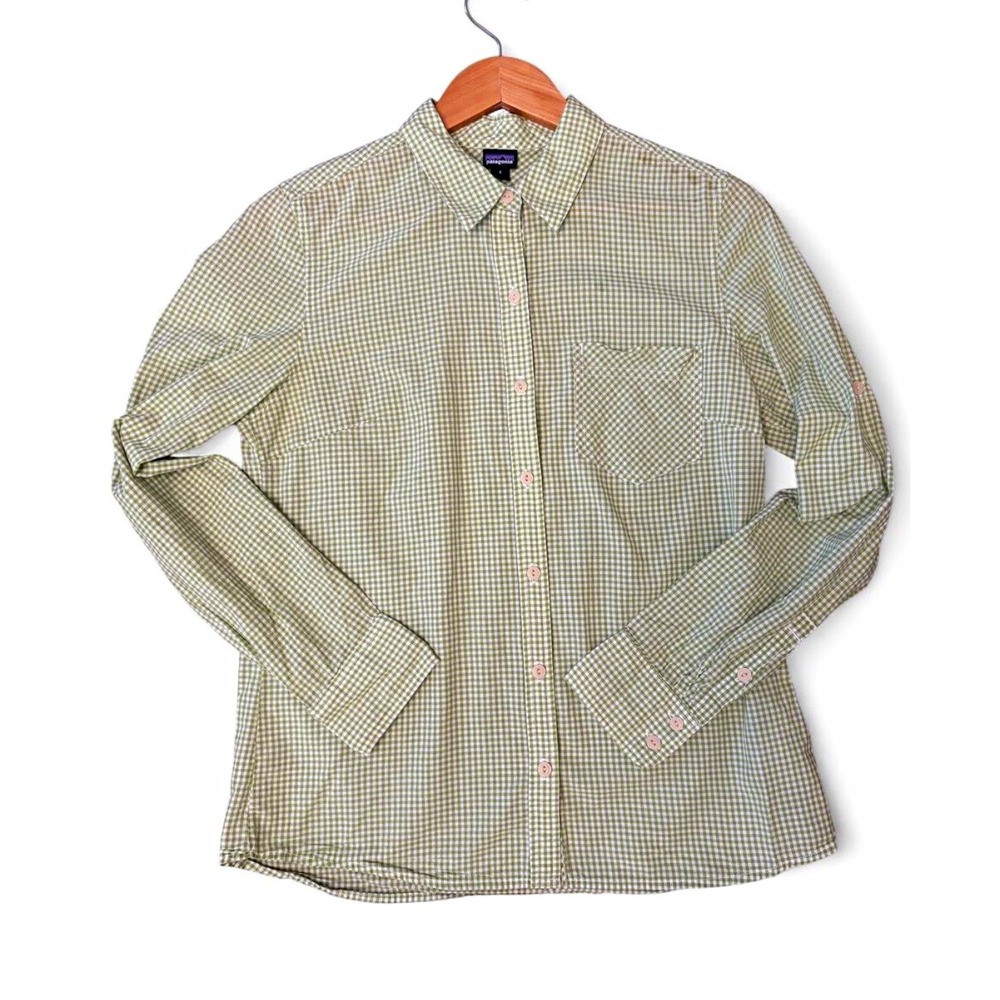 VTG Patagonia Womens 8 M Gorpcore Green Gingham Cotton Utility Shirt RollTab